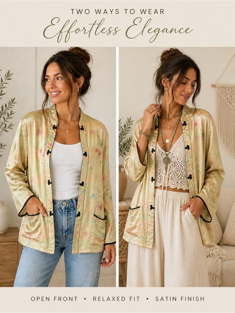 Satin Floral-Print Open Front Jacket in Pale Gold